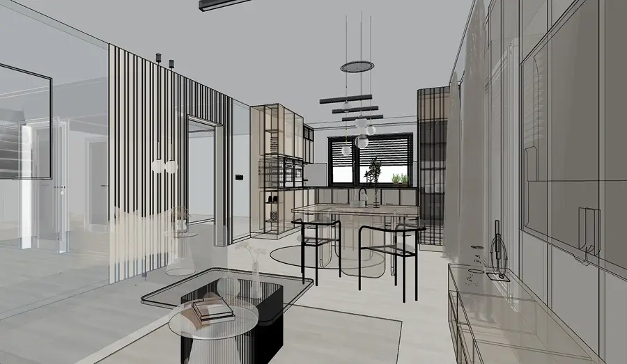 návrh interiéru domu, vizualizácia interiéru